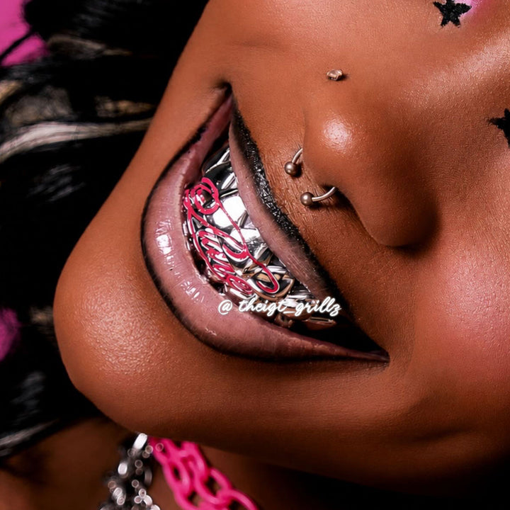 Pink Script Black Gold Grillz