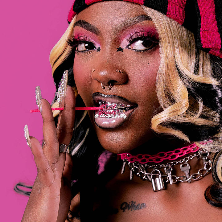 Pink Script Black Gold Grillz