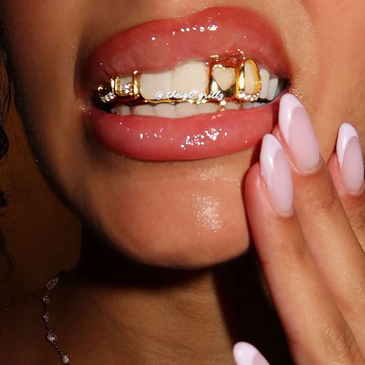 Pink Stone & Gold Heart Open Grillz