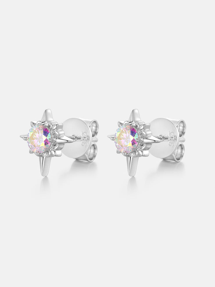 Rainbow Moissanite Eight Pointed Star Stud Earrings