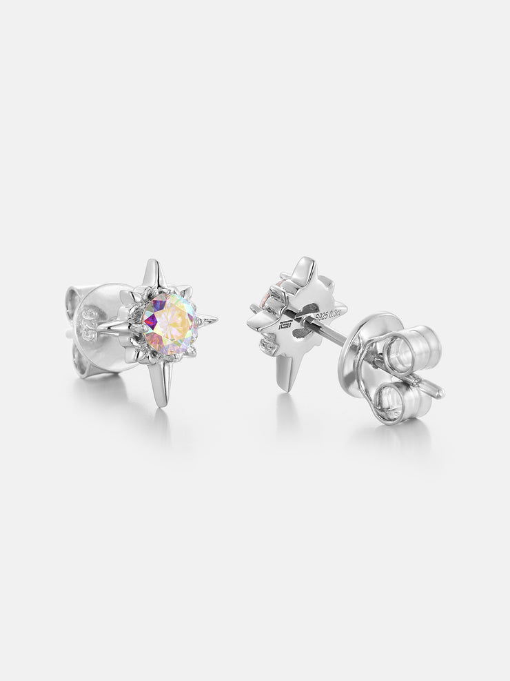 Rainbow Moissanite Eight Pointed Star Stud Earrings