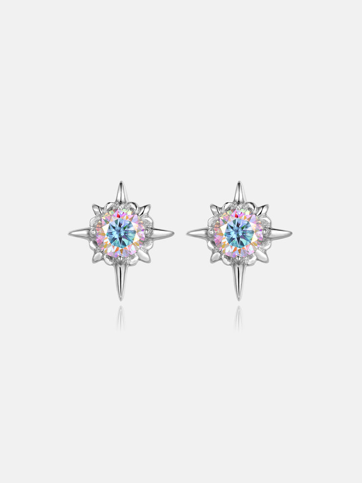 Rainbow Moissanite Eight Pointed Star Stud Earrings