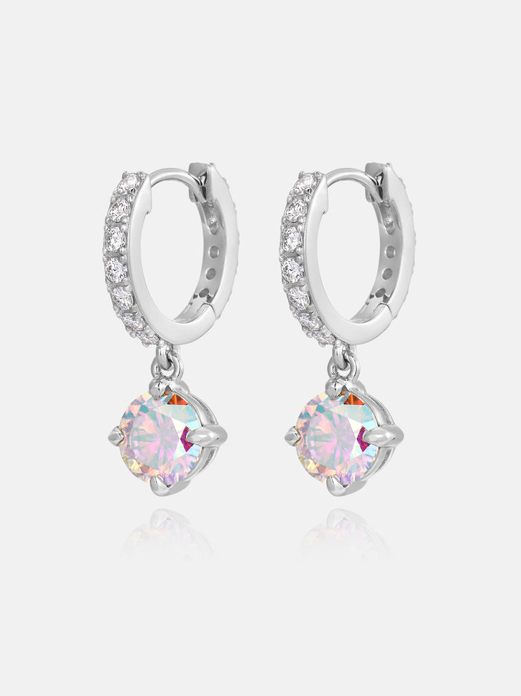 Silver hoop earrings with Rainbow moissanite on a light gray background