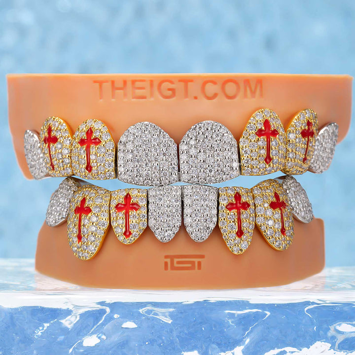 Red Cross Enamel Two Tone Iced Out Grillz - ICEGIANT