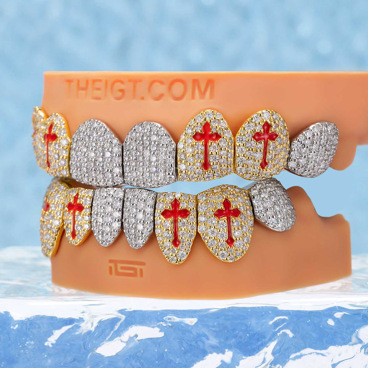 Red Cross Enamel Two Tone Iced Out Grillz - ICEGIANT