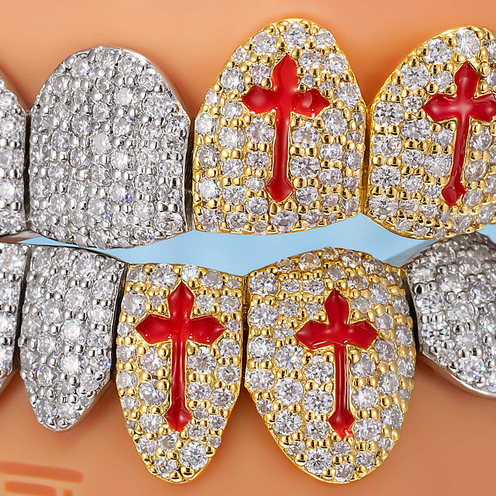 Red Cross Enamel Two Tone Iced Out Grillz - ICEGIANT