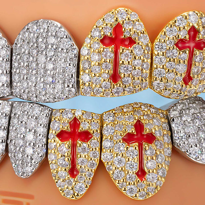Red Cross Enamel Two Tone Iced Out Grillz - ICEGIANT