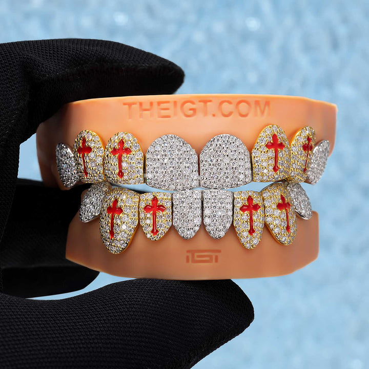 Red Cross Enamel Two Tone Iced Out Grillz - ICEGIANT
