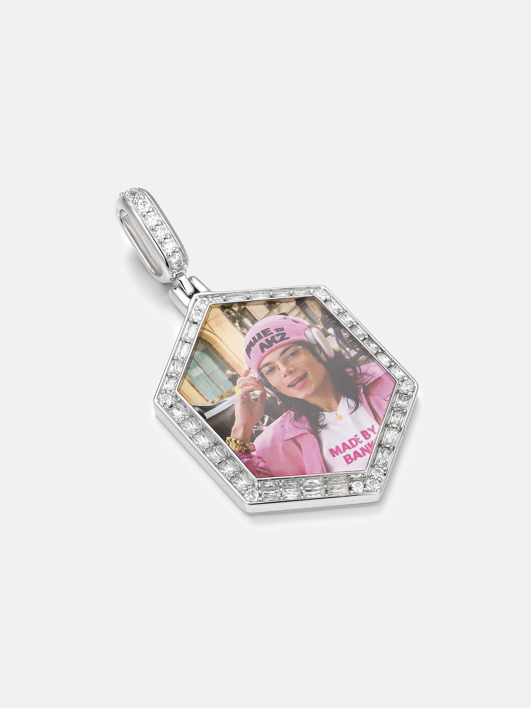 Round & Baguette Moissanite Hexagon Photo Pendant