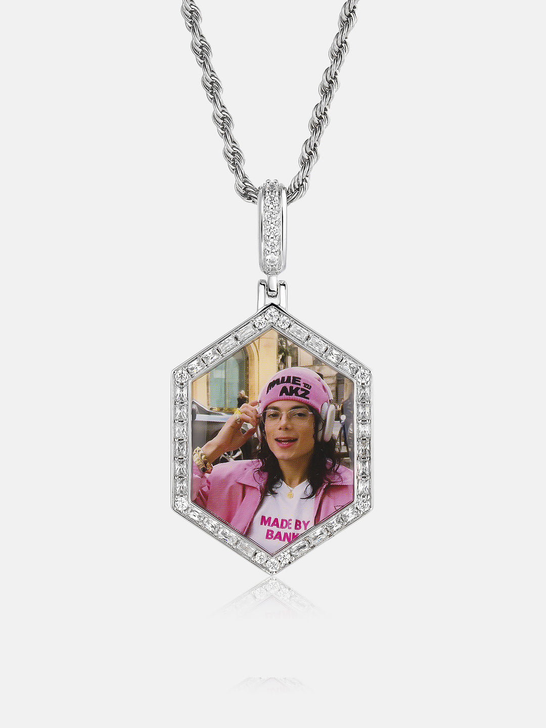 Round & Baguette Moissanite Hexagon Photo Pendant