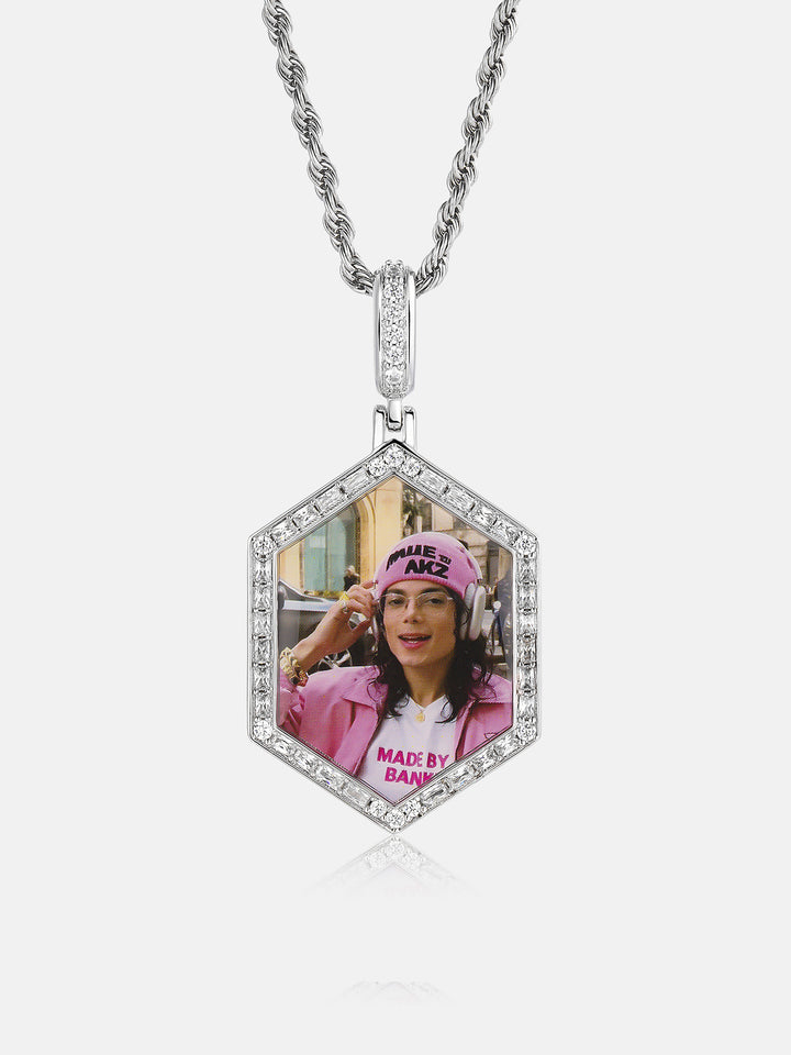 Round & Baguette Moissanite Hexagon Photo Pendant