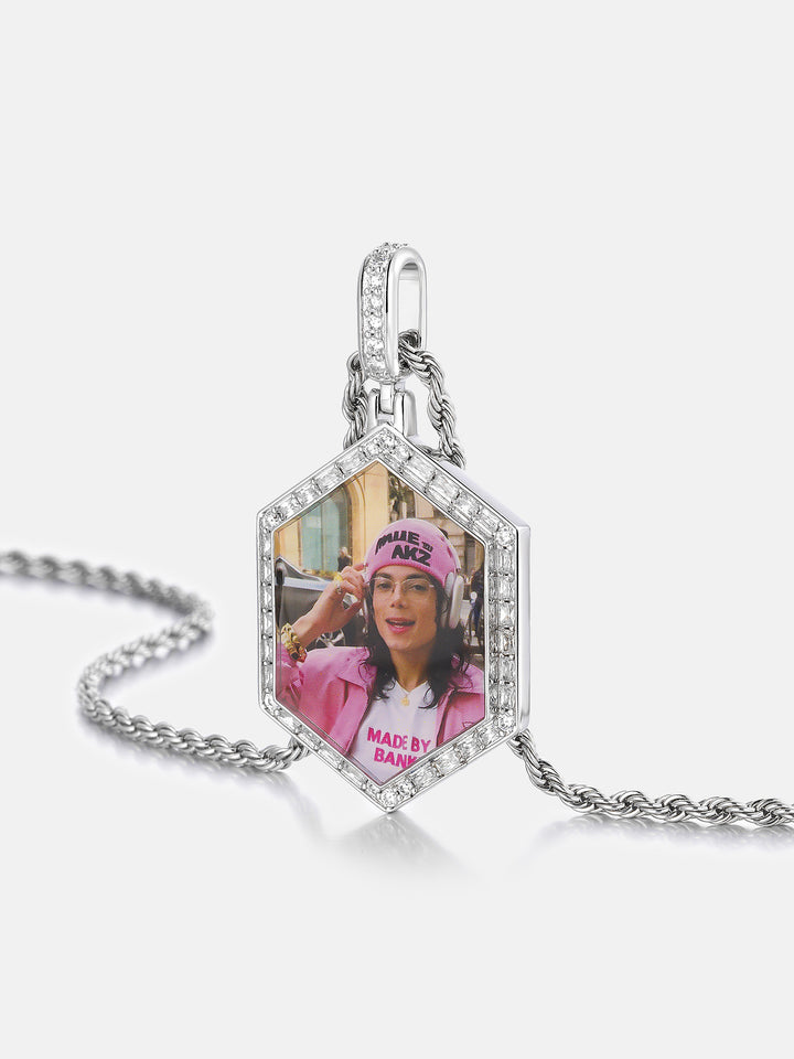 Round & Baguette Moissanite Hexagon Photo Pendant