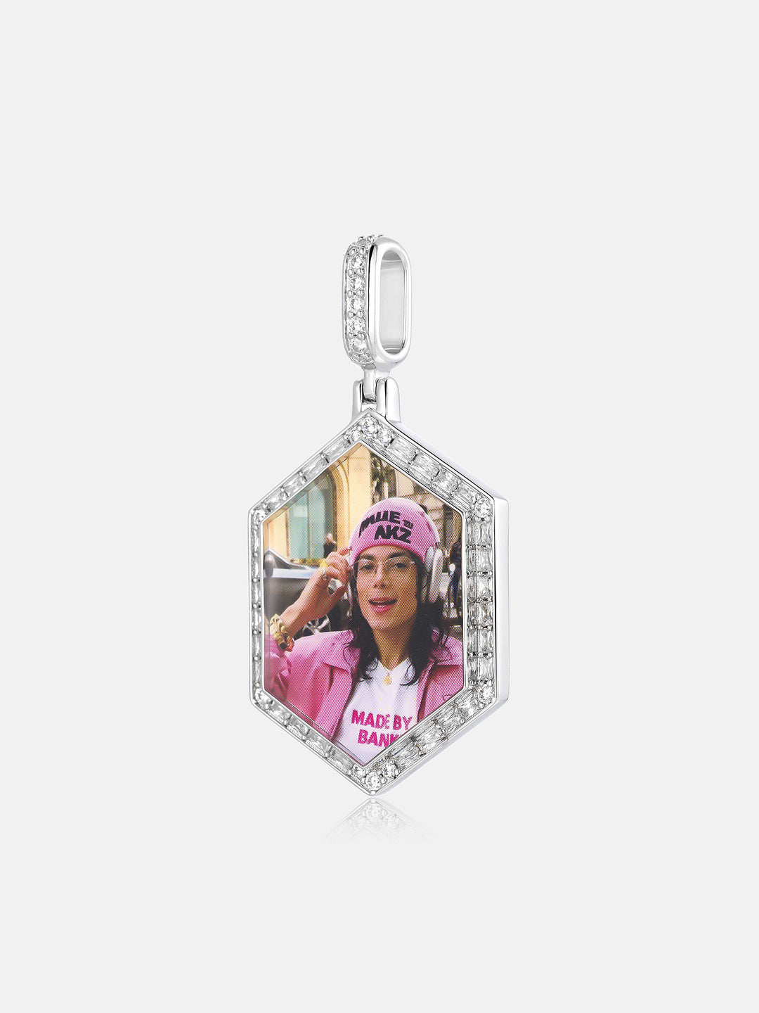 Round & Baguette Moissanite Hexagon Photo Pendant