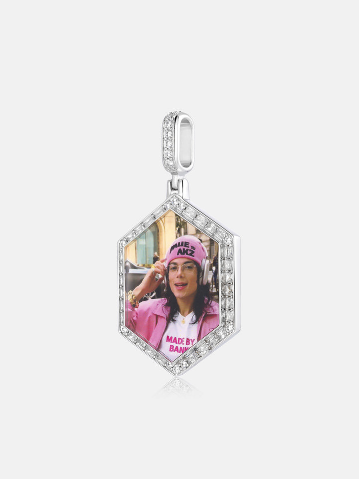 Round & Baguette Moissanite Hexagon Photo Pendant
