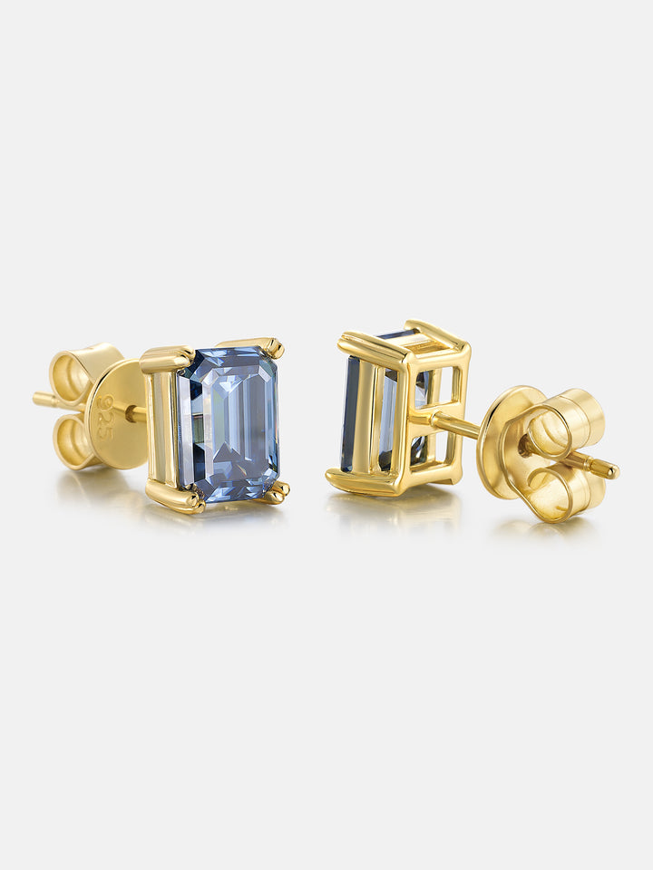 Royal Blue Moissanite Emerald Cut Stud Earrings-4.00 Carat Total