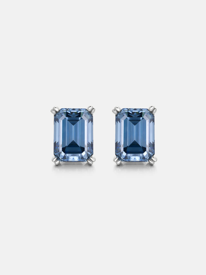 Royal Blue Moissanite Emerald Cut Stud Earrings-4.00 Carat Total