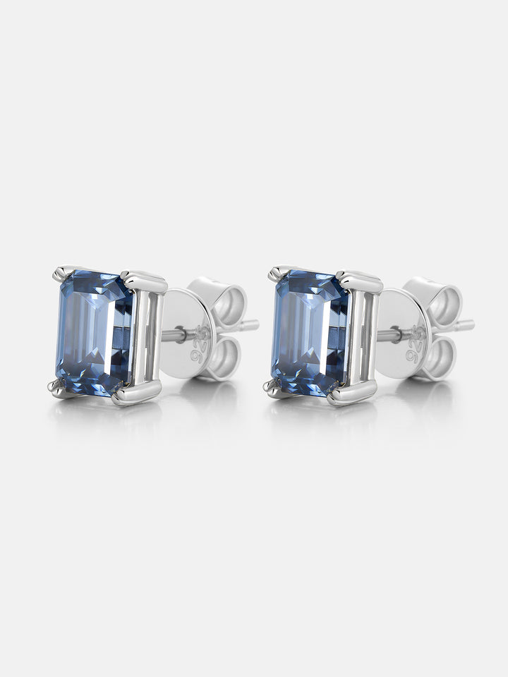 Royal Blue Moissanite Emerald Cut Stud Earrings-4.00 Carat Total