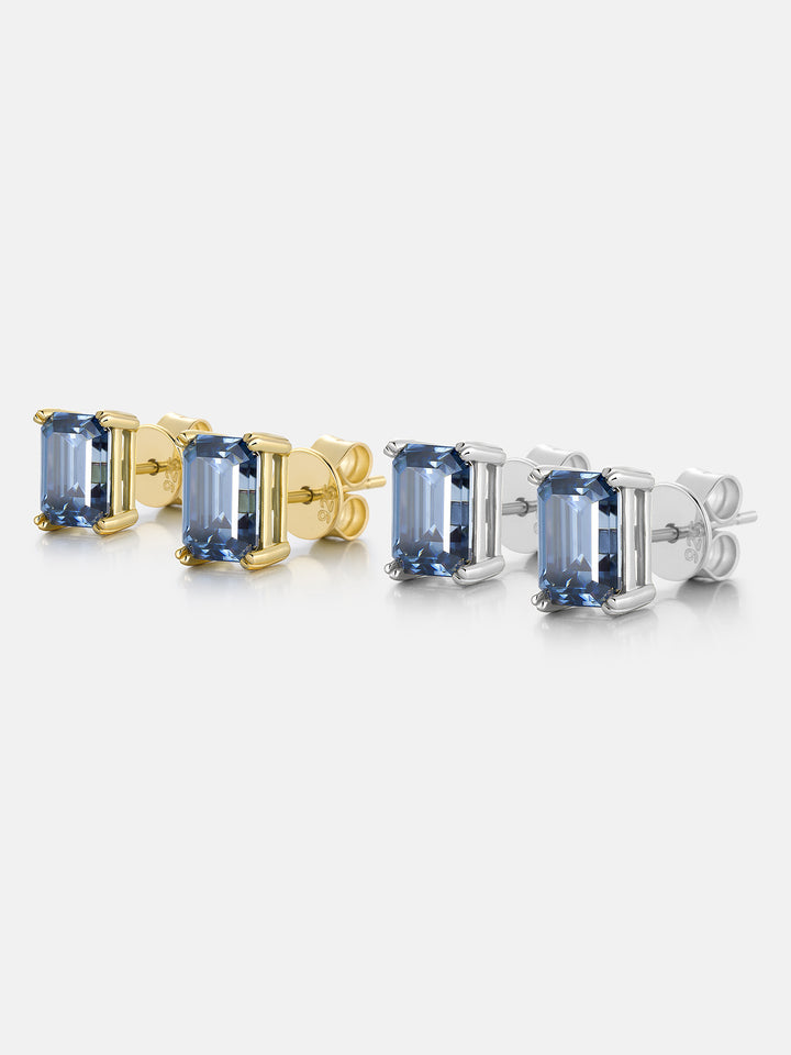 Royal Blue Moissanite Emerald Cut Stud Earrings-4.00 Carat Total
