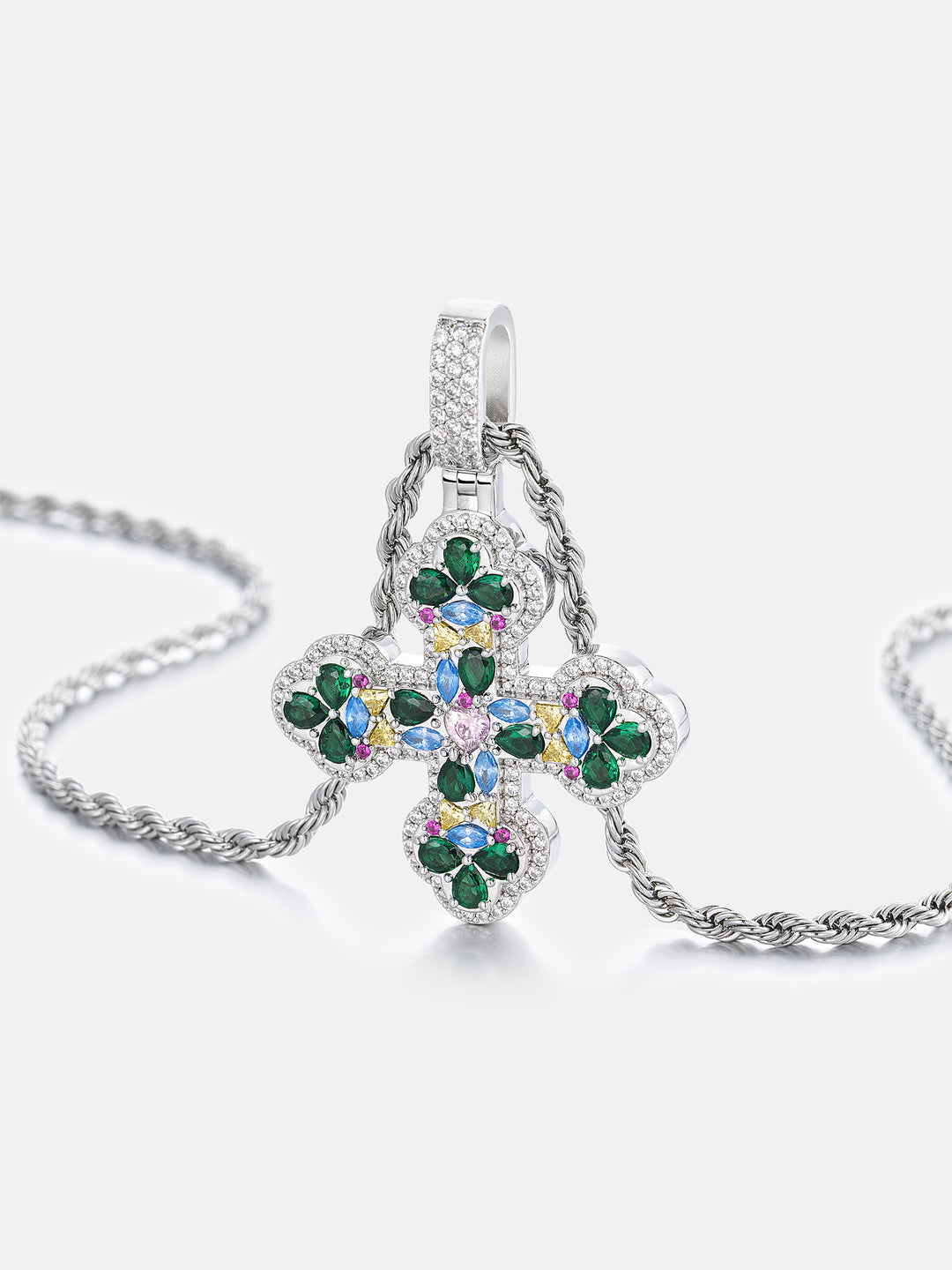 S925 Colored Gem & Moissanite Trefoil Cross Pendant - ICEGIANT