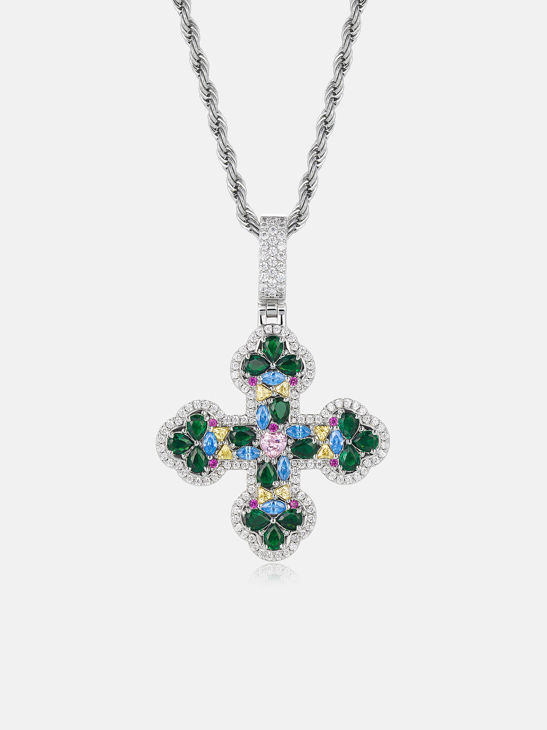 S925 Colored Gem & Moissanite Trefoil Cross Pendant - ICEGIANT