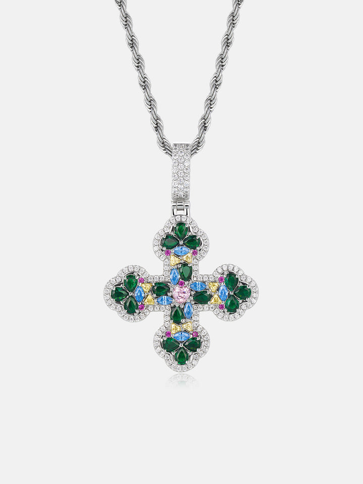 S925 Colored Gem & Moissanite Trefoil Cross Pendant - ICEGIANT