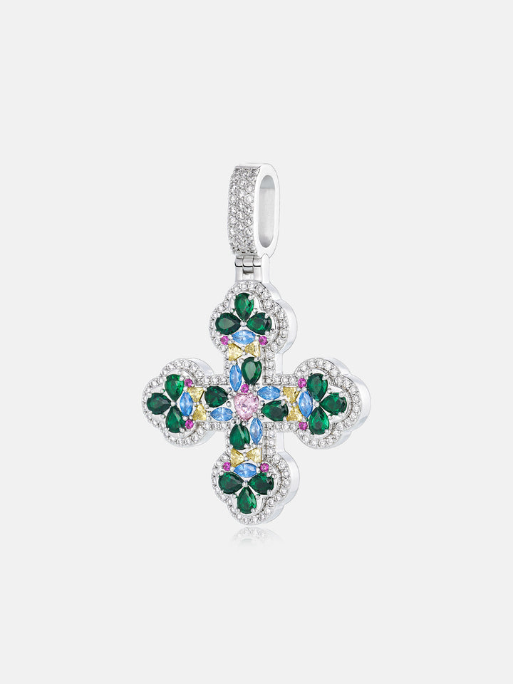 S925 Colored Gem & Moissanite Trefoil Cross Pendant - ICEGIANT