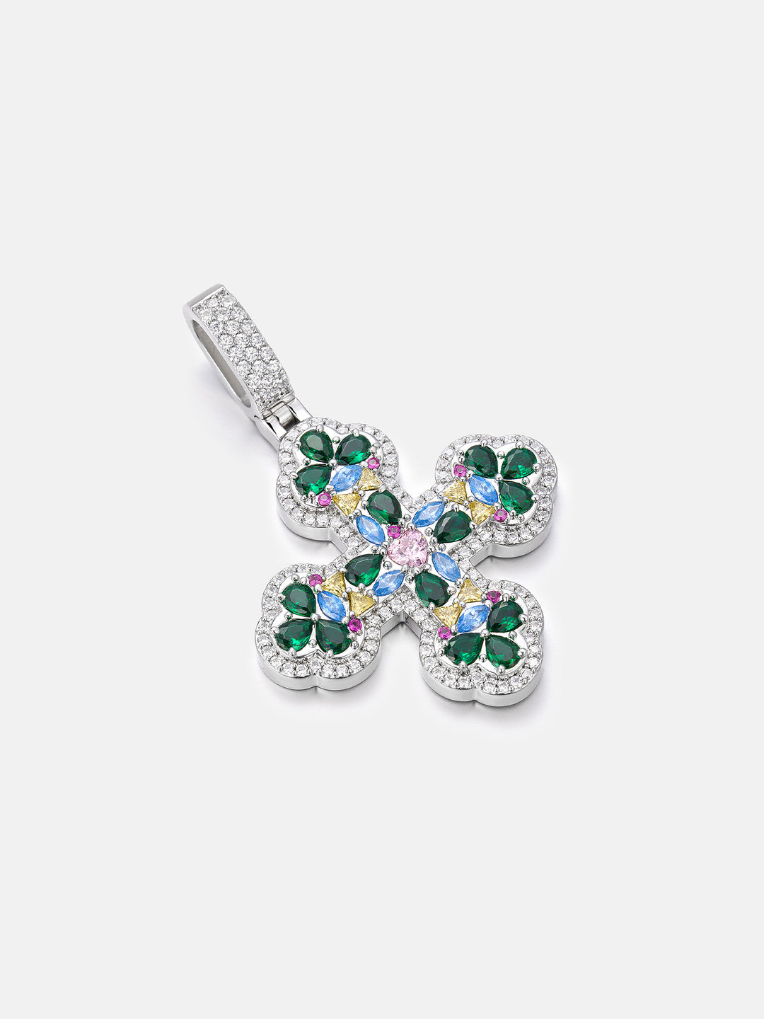 S925 Colored Gem & Moissanite Trefoil Cross Pendant - ICEGIANT