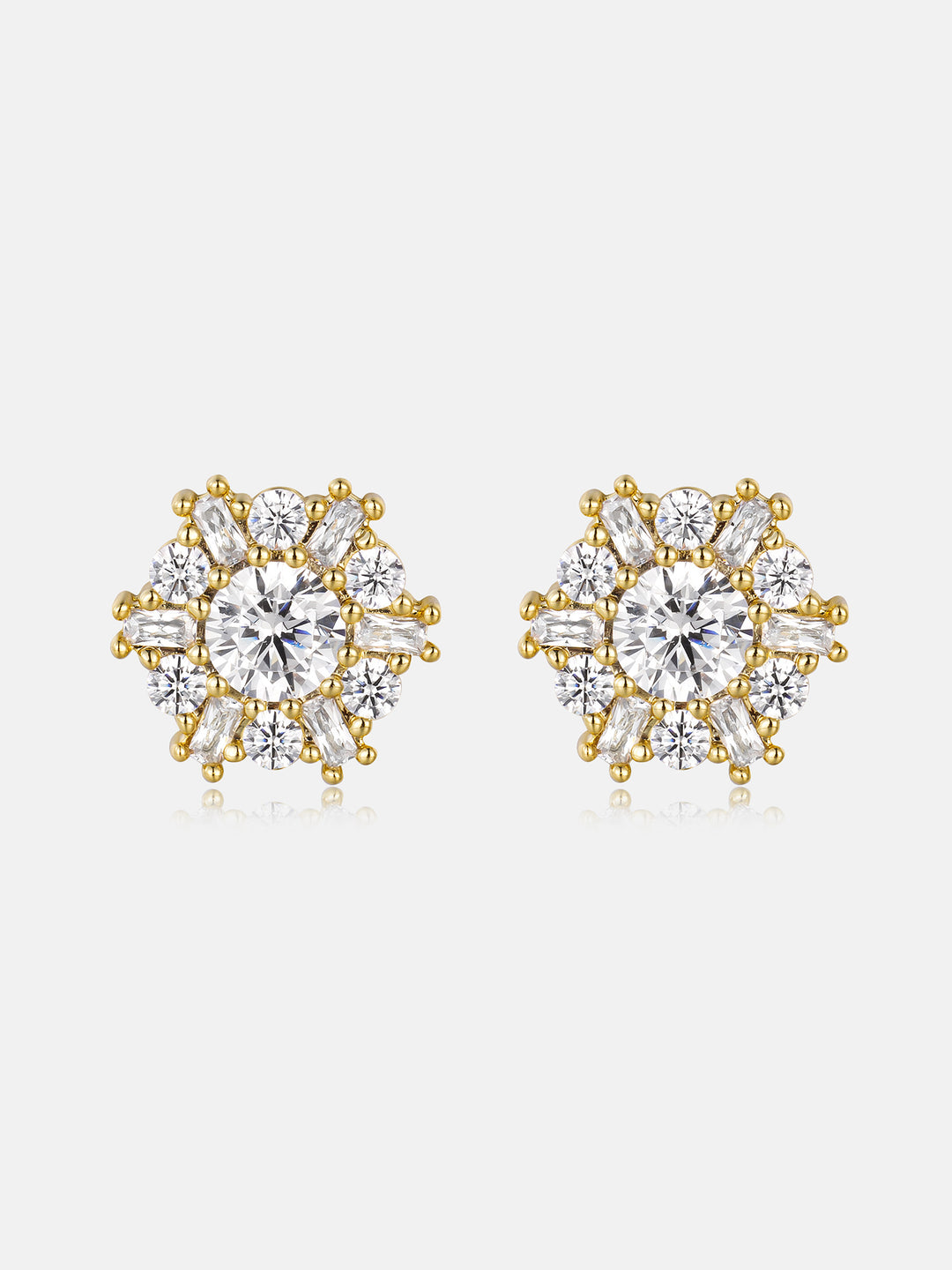 S925 Sunburst Baguette & Round Moissanite Stud Earrings