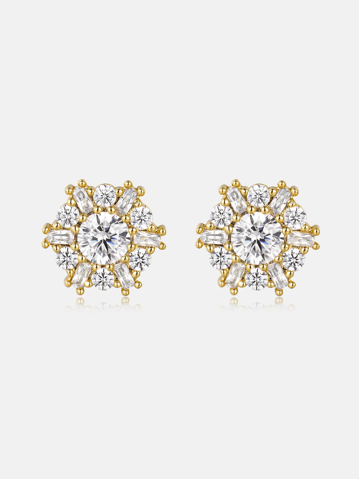 S925 Sunburst Baguette & Round Moissanite Stud Earrings