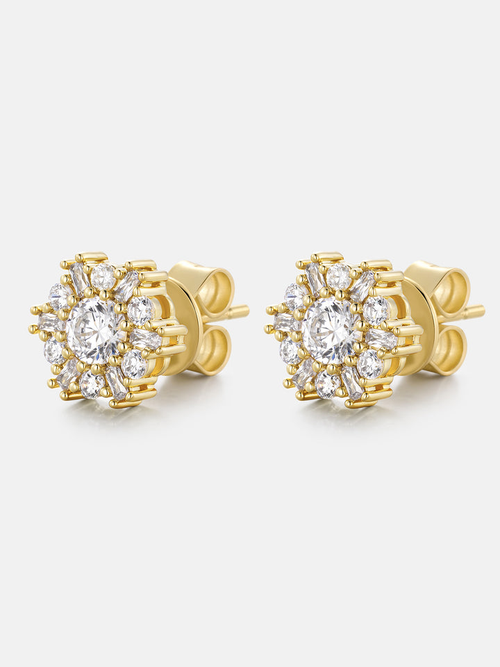 S925 Sunburst Baguette & Round Moissanite Stud Earrings
