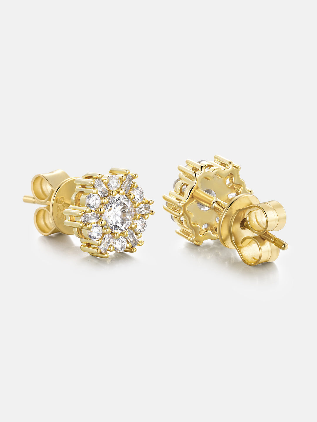 S925 Sunburst Baguette & Round Moissanite Stud Earrings