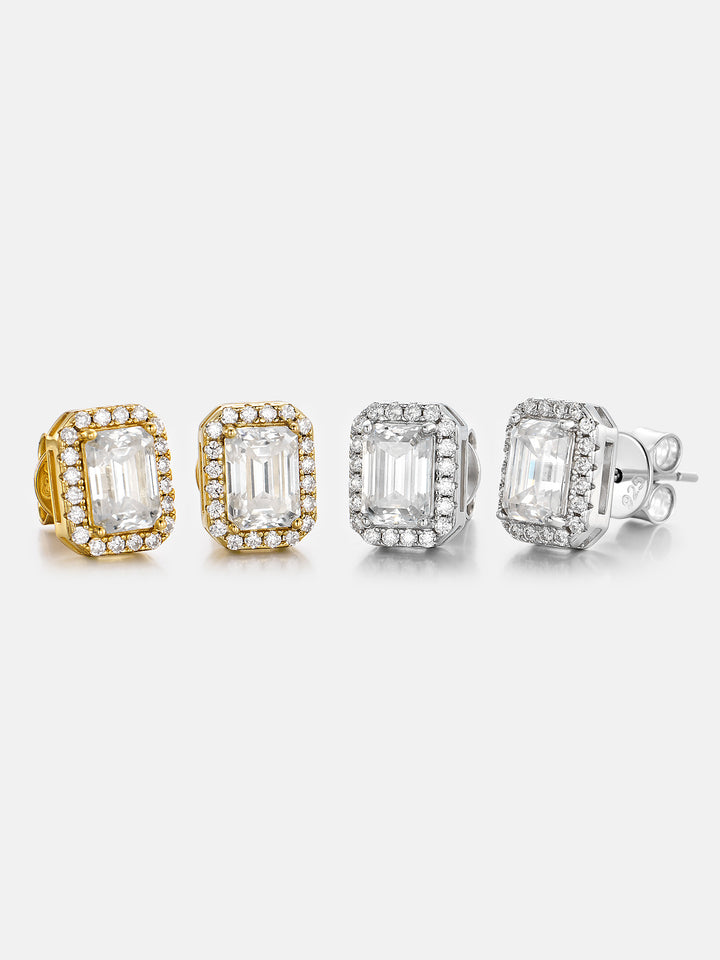 S925 Moissanite Emerald Cut Halo Stud Earrings