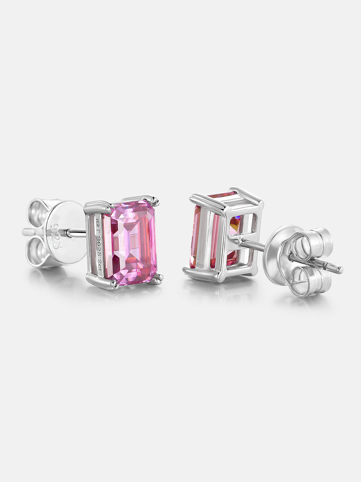 S925 Pink Moissanite Emerald Cut  Stud Earrings-4.00 Carat Total