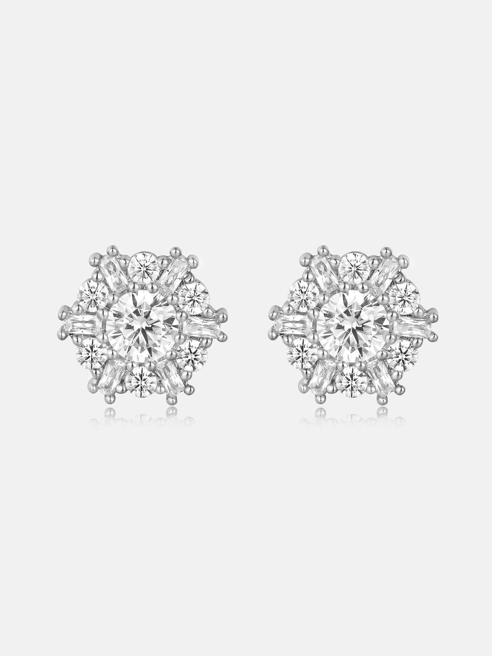 S925 Sunburst Baguette & Round Moissanite Stud Earrings