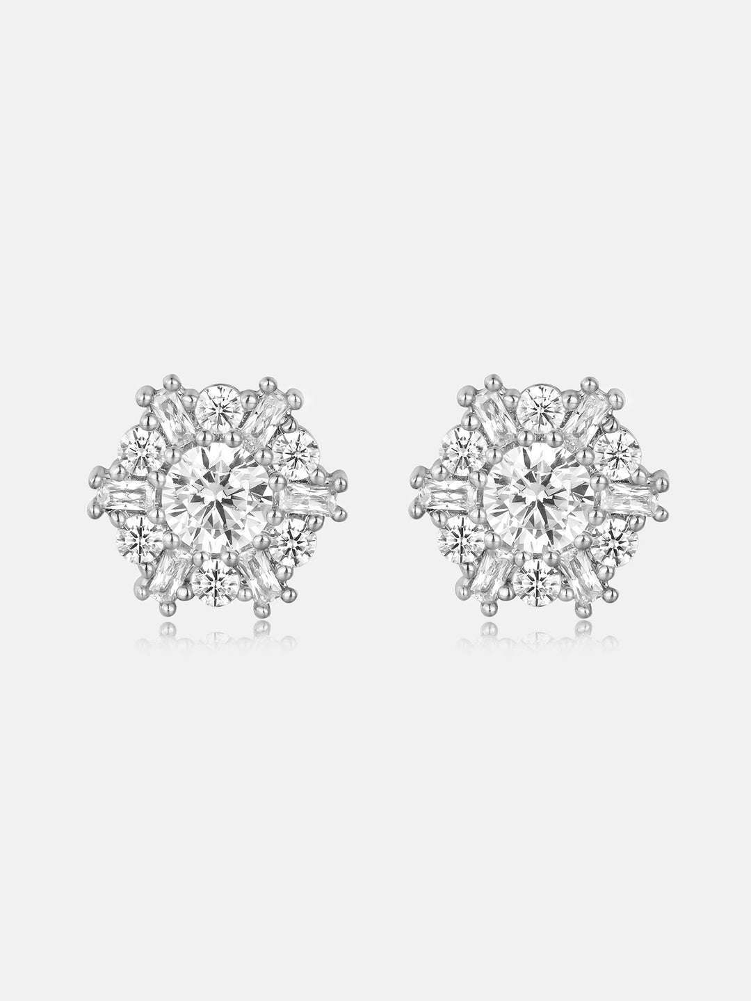 S925 Sunburst Baguette & Round Moissanite Stud Earrings