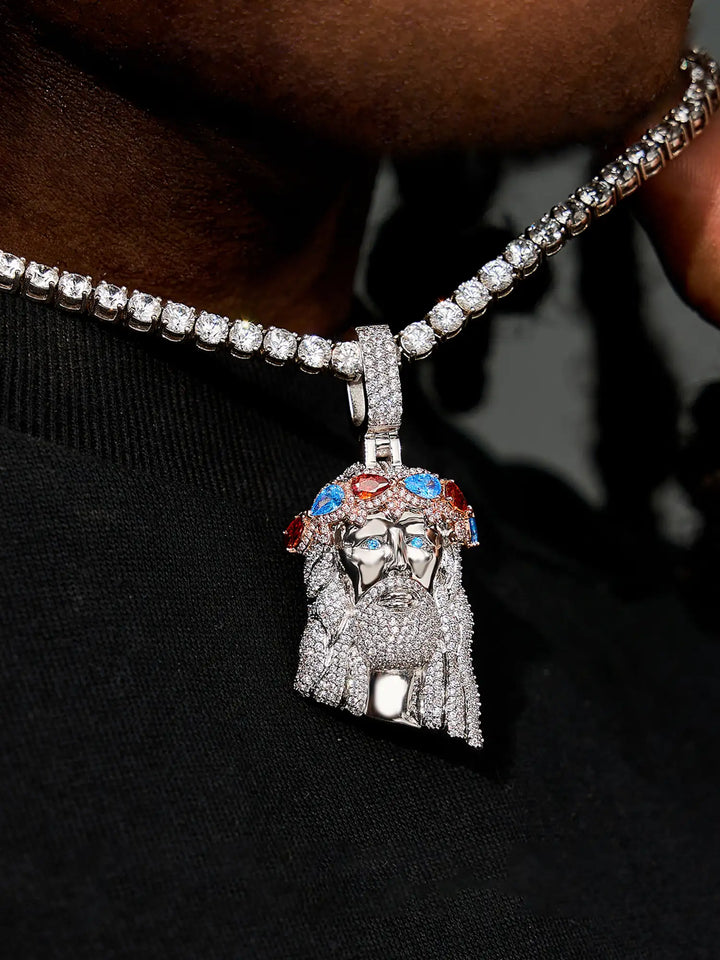 Silver Color Gem Crown Jesus Pendant