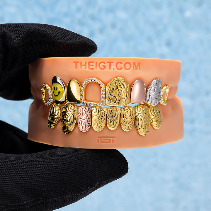 Smiley Tri-Tone Filigree Open Face Grillz