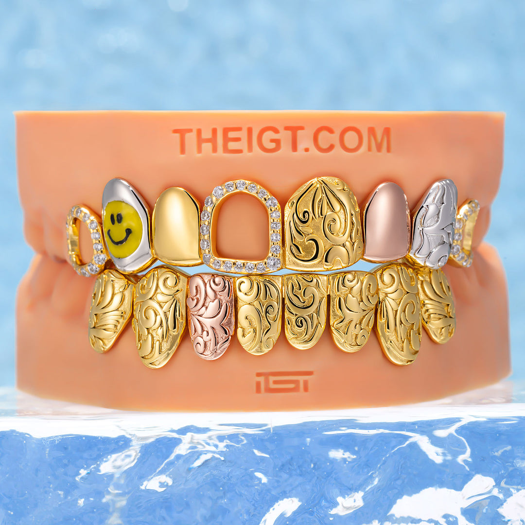 Smiley Tri-Tone Filigree Open Face Grillz