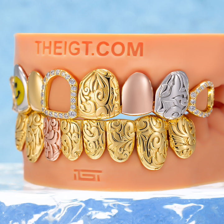 Smiley Tri-Tone Filigree Open Face Grillz