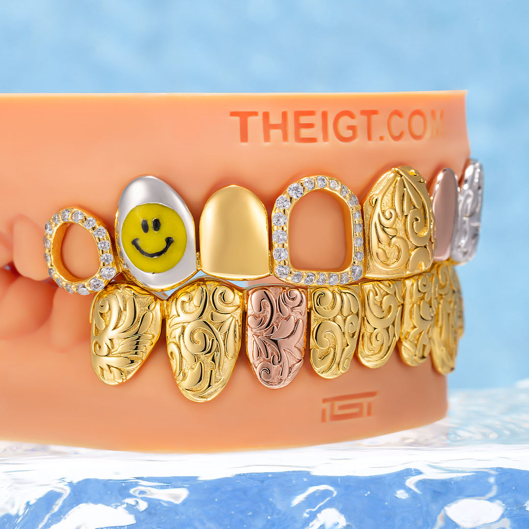 Smiley Tri-Tone Filigree Open Face Grillz