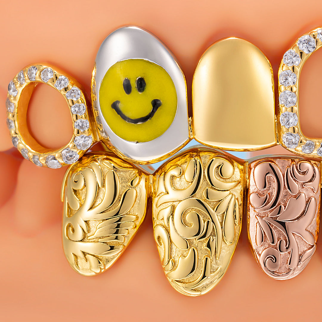 Smiley Tri-Tone Filigree Open Face Grillz