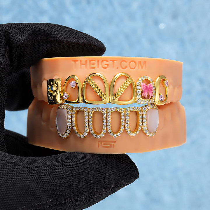 Sponge Bow Pink Shell Heart Open Face Grillz