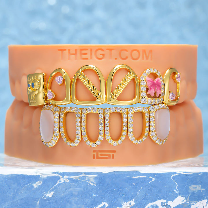 Sponge Bow Pink Shell Heart Open Face Grillz