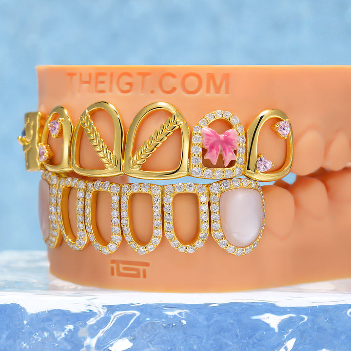 Sponge Bow Pink Shell Heart Open Face Grillz