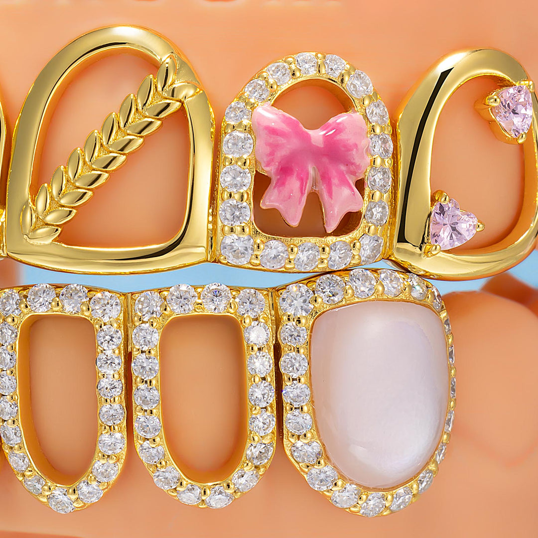 Sponge Bow Pink Shell Heart Open Face Grillz