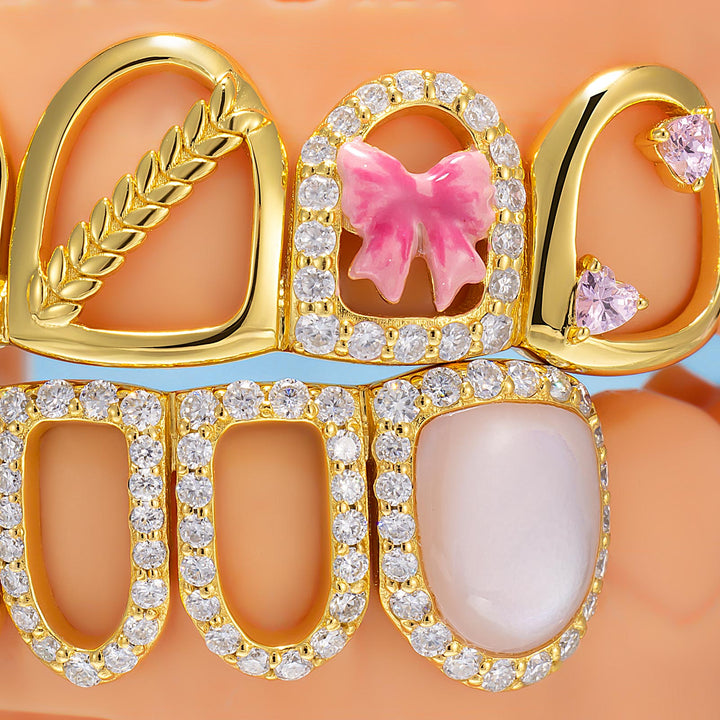 Sponge Bow Pink Shell Heart Open Face Grillz