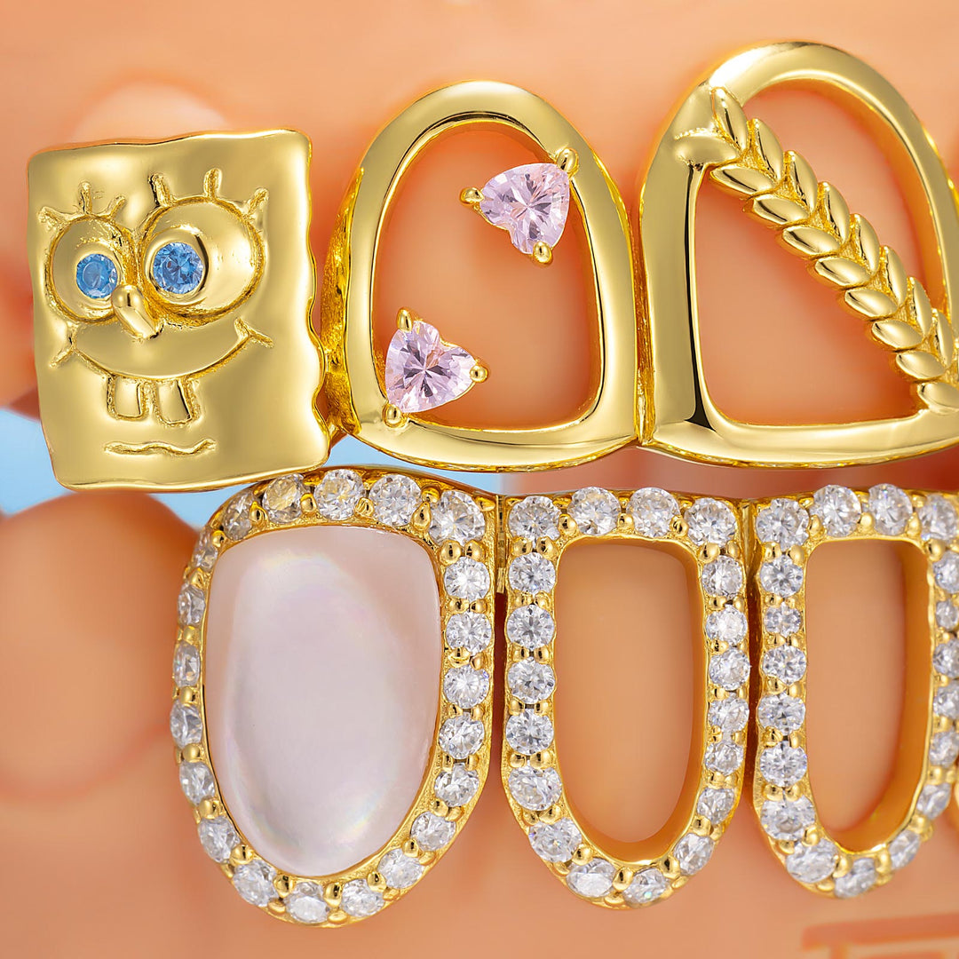 Sponge Bow Pink Shell Heart Open Face Grillz