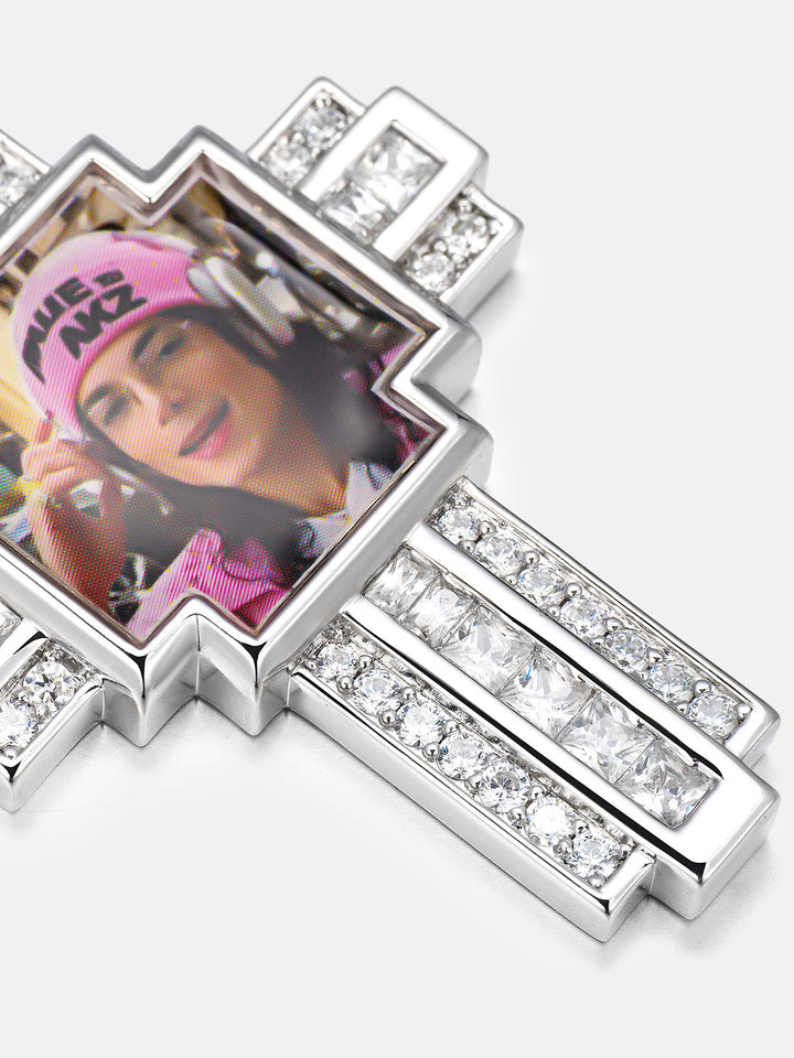 Square Photo Moissanite Cross Pendant