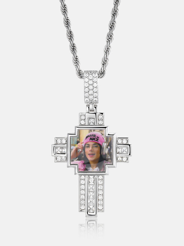 Square Photo Moissanite Cross Pendant