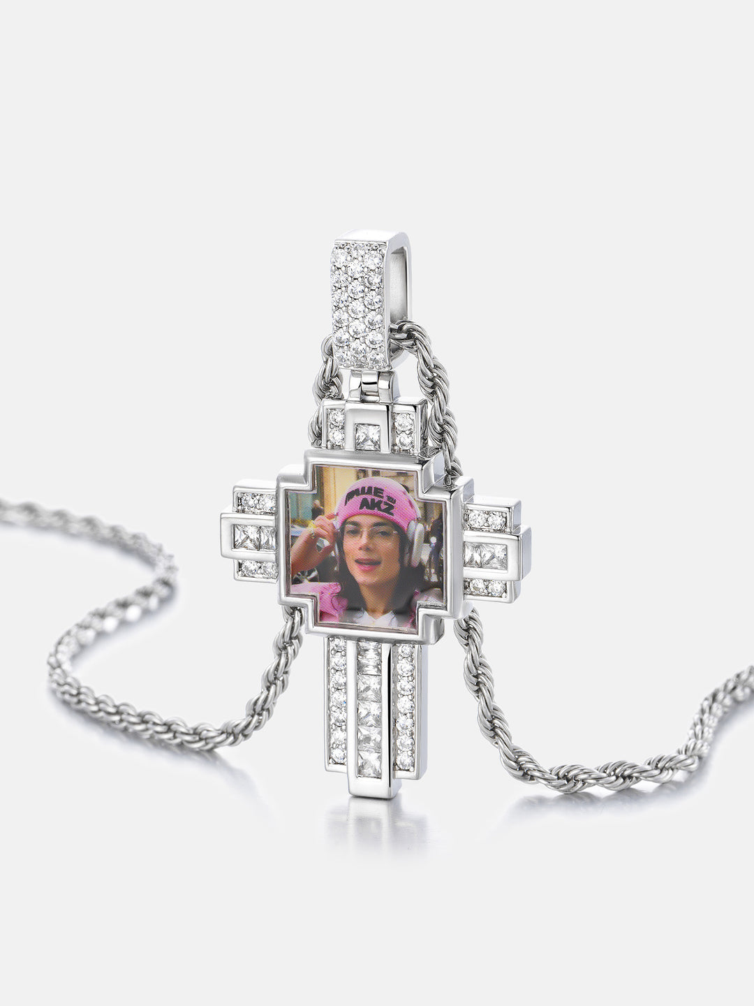 Square Photo Moissanite Cross Pendant